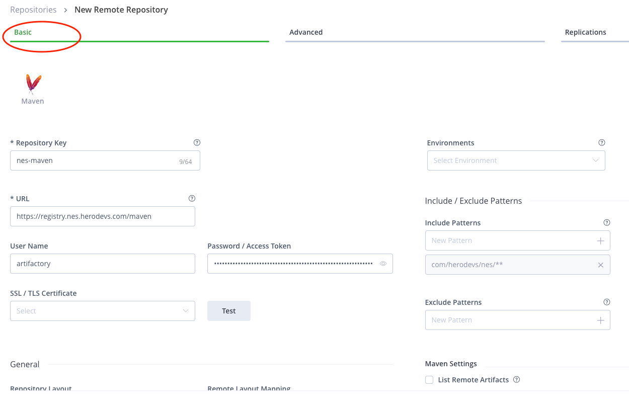 JFrog Artifactory Basic tab configuration form for creating a Maven remote repository showing Repository Key, URL, Username, Password, Include Patterns, and Remote Mapping Layout fields